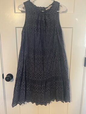 Ann Taylor LOFT Eyelet Tiered Swing Dress Blue Medium Lined 100% Cotton Pretty